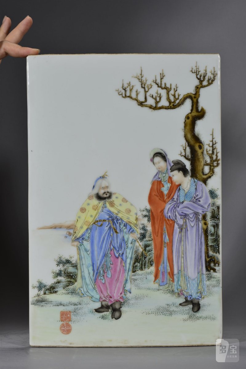 民国 熊步青粉彩风尘三峡瓷板插屏 - 图4